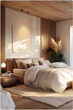 a large bed sitting next to a window in a room with wooden floors and walls