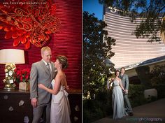 a bride and groom standing in front of the las vegas mirage hotel at night before their wedding