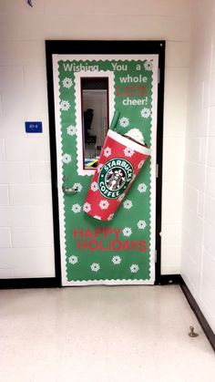 a starbucks door decorated to look like a holiday stocking