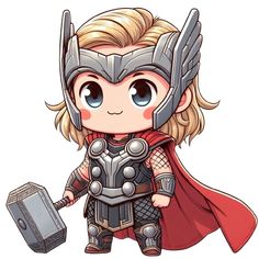 a cartoon character dressed as thor with an ax in his hand and holding a hammer