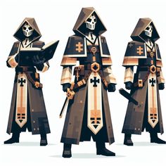 three different types of medieval knights with swords and cross on their chests, standing in front of each other