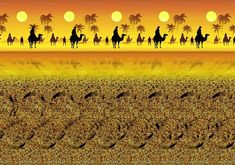 a group of people riding camels across a desert