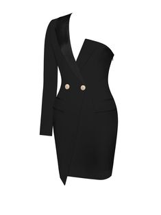 Keep  it savvy in this black crepe tuxedo dress . This one shoulder dress is fully lined with Satan detailing , an invisible zipper , and two gold intricate buttons along the front . Keep it simple with your accessories and let the dress do the talking ! Materials: Stretch Crepe Clean: Dry-clean only Length:Approx 32i Luxury Black Blazer Dress For Semi-formal Events, Luxury Black Blazer Dress For Semi-formal Occasions, Tailored Black Mini Dress For Formal Occasions, Black Tailored Mini Dress For Formal Occasions, Fitted Dressy Blazer Dress For Formal Events, Chic Fitted Jacket Dress For Party, Luxury One Shoulder Dress With Asymmetrical Neckline, Formal Fitted One Shoulder Asymmetrical Dress, Fitted One Shoulder Asymmetrical Dress For Formal Occasions