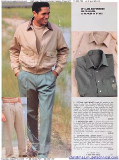 an advertisement for men's clothing from the sears catalog, featuring a man in tan jacket and pants