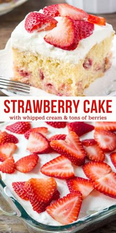 strawberry cake with whipped cream and lots of berries on the top, in a glass dish