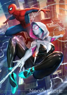 spider - man and catwoman are flying through the air