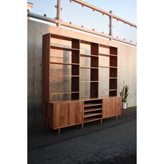 a wooden bookcase sitting on top of a sidewalk next to a wall with a potted plant