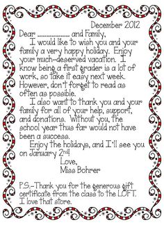 a poem written in red and black on white paper with the words dear, i would like to wish you and your family a very happy holiday