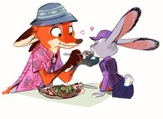 an image of a fox and rabbit eating food