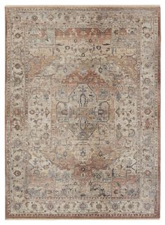 an antique rug with many different colors and patterns on the carpet, including beiges, browns