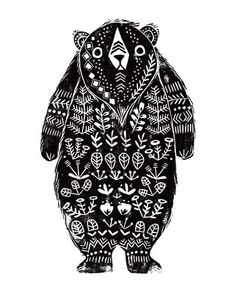 a black and white drawing of a bear with geometric patterns on it's body