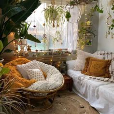 a living room filled with lots of plants next to a window covered in hanging lights