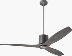 a ceiling fan with two wooden blades on the top and one light on the bottom