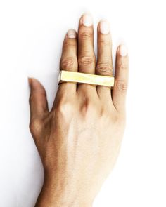 Elegant, gold, multi finger ring in a unique minimal architectural style. Fits comfortably across 3 fingers This listing is for our 3 Finger Ring Wide in options brass or 20 k gold plated brass. Our multi finger rings have been some of our most popular items since we started making them and so I have added more options for you in slim, wide, 2 finger, 3 finger, brass and white brass, solid sterling silver 925 and gold plated options. Layer and stack them for full impact! All our 3 finger rings c Three Finger Ring, Recycled Metal Jewelry, Multi Finger Rings, Stretched Ear Lobes, Double Finger Ring, Double Rings, Ring Minimal, Minimal Ring, Septum Jewelry