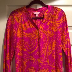 Perfect Condition, Maybe Even Nwot? Check Out My Closet For More Lilly And Bundle And Save. Pink Stretch Casual Blouse, Pink Stretch Printed Blouse, Casual Pink Stretch Blouse, Casual Stretch Pink Blouse, Pink Stretch Blouse For Vacation, Stretch Pink Blouse For Beach, Stretch Pink Blouse For The Beach, Fitted Pink Printed Blouse, Stretch Pink Tops For Vacation