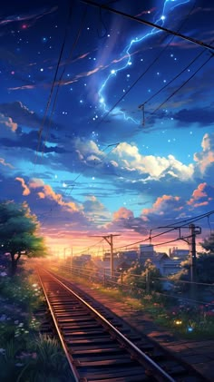 an anime scene with train tracks leading to the sky and stars in the night sky