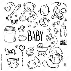 hand drawn doodle baby items and symbols in black on a white background with the words boy