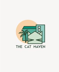 the cat maven logo with palm trees and an orange circle in the background that says,