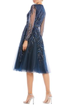 Mac Duggal Crystal Embroidery Long Sleeve Fit & Flare Cocktail Dress | Nordstrom Short Wedding Guest Dresses, Tea Length Cocktail Dresses, Fit And Flare Cocktail Dress, Tea Length Skirt, Long Sleeve Cocktail Dress, Bride Groom Dress, Semi Formal Dresses, Short Cocktail Dress, Midi Cocktail Dress