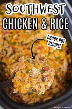 southwest chicken and rice crock pot recipe in the slow cooker with text overlay