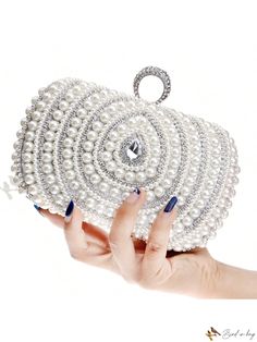 Bird in Bag - Elegant Wedding Clutch Evening Bags with Rhinestones, Pearls, and Chain Shoulder Strap - A Stunning Choice for Parties, adorned with Metal Accents, Diamonds, and Handy Holder Glamorous Pearl Evening Bag For Wedding, Elegant Wedding Clutch With Bling, Wedding Embellished Pearl Evening Bag, Bling Clutch Evening Bag For Wedding, White Rhinestone Evening Bag For Events, Silver Rhinestone Evening Bag For Banquet, White Rhinestone Evening Bag For Formal Occasions, Silver Rhinestone Bridal Accessories For Evening, White Rectangular Evening Bag For Banquet