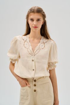 Inspired by the beauty of nature, our blouses feature intricate details and delicate patterns that dance with every movement, like the soft whisper of leaves in the wind or the delicate petals of a blooming flower. Embark on a journey of elegance and grace  with our chic women's blouses. Featuring lightweight fabrics and flowing silhouettes, they're the perfect companion for carefree days exploring the wonders of the world or simply lazing in the comfort of your own home.  【Fabric】 100% Linen, around 160g/gram Every year we have a dedicated team to study the evolution of linen. Linen is a traditional fabric. It seems that linen will not change even if dynasties have changed, and time has passed. Let us add a little imagination and curiosity here. If the raw materials remain unchanged, can Medieval Blouse, Beige Cottagecore, Leaves In The Wind, Cottagecore Blouse, Linen Fashion, Feminine Top, Dyed Linen, Women's Blouses, Traditional Fabric