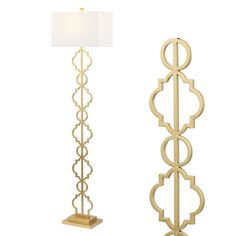 a tall lamp with a white shade on top and a gold floor lamp next to it