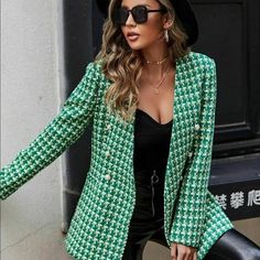 Size : M New With Tags Outfit Zara, Zara Blazer, Blazer Outfit, Green Blazer, Checked Blazer, Style 2023, Green Outfit, Brown Jacket, Plaid Blazer