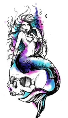 a drawing of a mermaid sitting on top of a skull