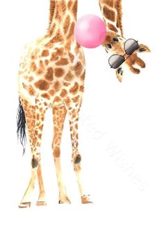 a giraffe holding a pink balloon in its mouth with sunglasses on it's head