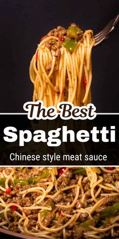 the best spaghetti recipe with chinese style meat sauce in a skillet and on a plate