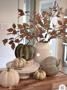 some pumpkins are sitting on a table near a vase with leaves and flowers in it