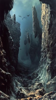 an underwater cave with birds flying over the water and rocks on either side, looking down at it