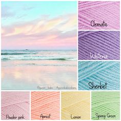 different colors of yarn are shown in this image with the ocean and sky in the background