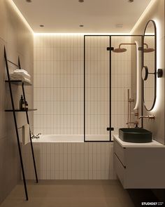 a bathroom with a sink, mirror and bathtub next to a ladder in the floor