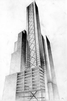 a pencil drawing of a tall building with many windows on the top and bottom floors