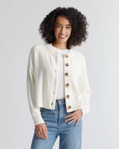 Not your average cardigan. Our organic cotton button front cardigan does double duty as a casual-cute top or a comfy-cozy layer for whatever the weather brings. Airy and breathable with a boxy and slightly cropped fit.  | Quince | Women's Cropped Cardigan Sweater in Ivory, Size Large, Organic Cotton Perfect Cardigan, Cropped Cardigan Sweater, Button Front Cardigan, White Cardigan, Cute Sweaters, Cropped Cardigan, Cotton Sweater, Quince, Cute Tops