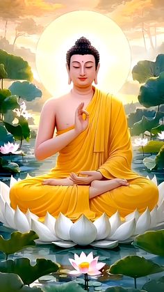 a buddha statue sitting on top of a white lily covered body of water in front of a sunset