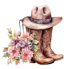 Country Chic Decor, Diy Sublimation, Vintage Clip Art, Watercolor Boho, Watercolor Elements, Boho Cowgirl, Chapeau Cowboy, Flowers Png, Flowers Clipart