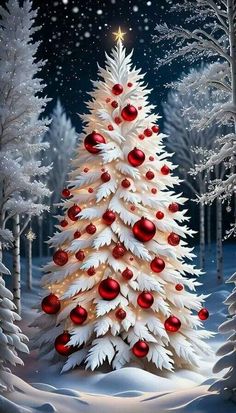 a christmas tree with red and white ornaments in the snow, surrounded by trees covered in snow