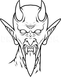 an evil demon face with horns and fangs