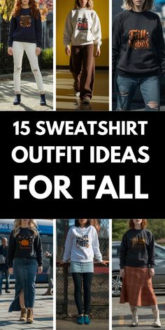 Want some fall outfit inspo?. Then you should spice up your fall fashion with these 15 stylish sweatshirt outfit ideas. Save this for later and follow us for more fall outfit ideas. Fall Hoodie Outfits Women, Halloween Sweatshirt Outfit, How To Dress Up A Crewneck Sweatshirt, Dress Up A Sweatshirt Outfit, Cute Crewneck Sweatshirt Outfit, Sweatshirt Layering Outfit, How To Style A Crew Neck Sweatshirt, How To Dress Up A Sweatshirt, Sweatshirt Outfit Dressy