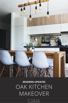 a kitchen with white chairs and wooden table