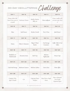 the 30 - day decluttering challenge is shown in this printable version