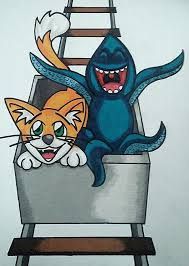 a drawing of two cats riding on a roller coaster with an evil monster in the background