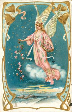 an old fashioned christmas card with a angel holding flowers in her hand and flying through the air