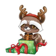 a raccoon wearing a santa hat sitting on top of a present box