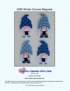 four gnomes with blue hats are shown in this brochure for needle - to - sew