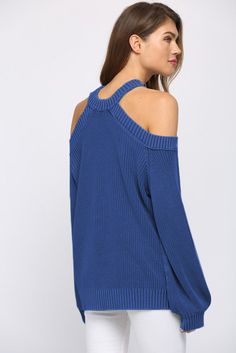 Blue Cool Breeze Cotton Cold Shoulder Sweater Backless Sweater, Cool Breeze, Cold Shoulder Sweater, Ribbed Knit Top, Ribbed Knit Sweater, Chunky Sweater, Winter Sweaters, Winter Casual, Brown Fashion