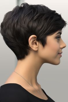 For those seeking sophistication, a black pixie cut with a tapered nape is for you. The tapered nape creates a finish for your pixie cut and enhances your facial features. Click here to check out more gorgeous short dark hair color ideas. Classic Pixie Haircut Fine Hair, Short Haircut For Chubby Face Plus Size, Dark Hair Color, Plum Hair, Short Dark Hair, Short Hair Color, Short Pixie Haircuts, Short Hair Haircuts, Hair Color Dark